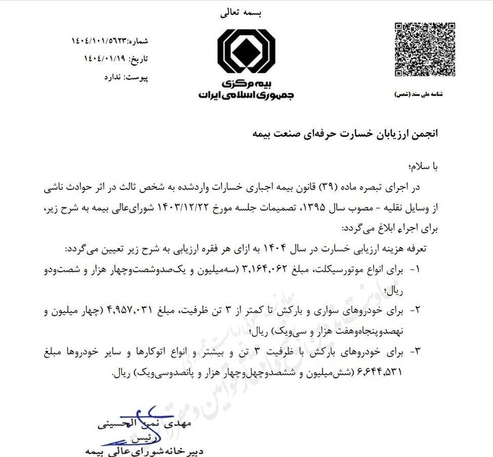 اخبار ایران | خبرگزاری تعرفه ارزیابی خسارت وسایل نقلیه در سال ۱۴۰۴ ابلاغ شد